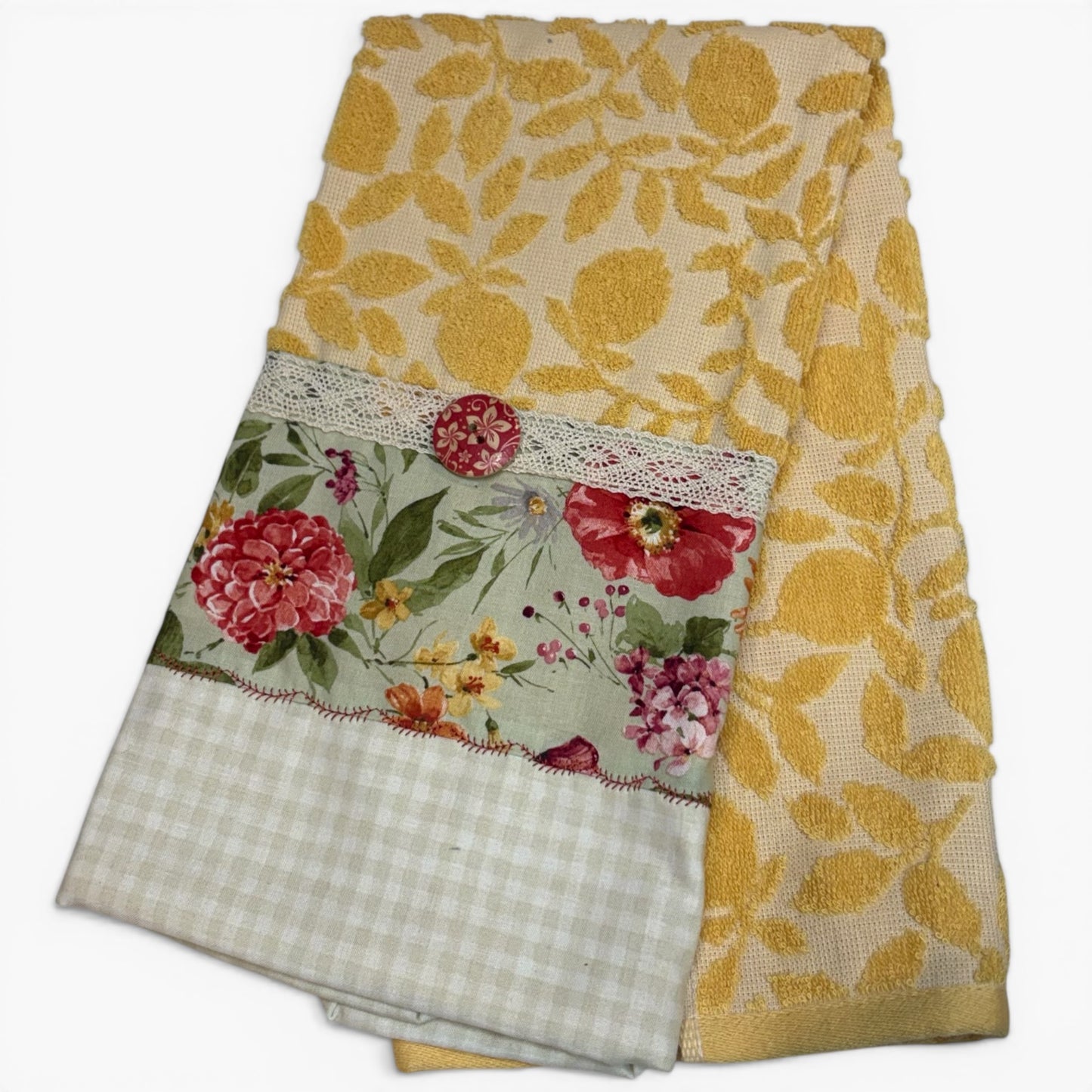 Yellow and Coral Floral Farmhouse Tea Towel with Lace Trim and Wood Button