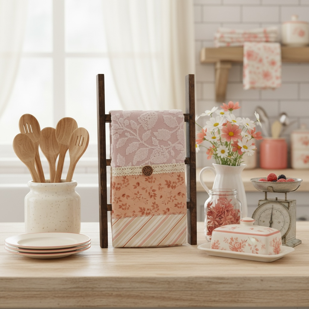 Coral and Cream Farmhouse Dish Towel with Lace Trim and Wood Button