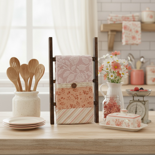 Coral and Cream Farmhouse Dish Towel with Lace Trim and Wood Button