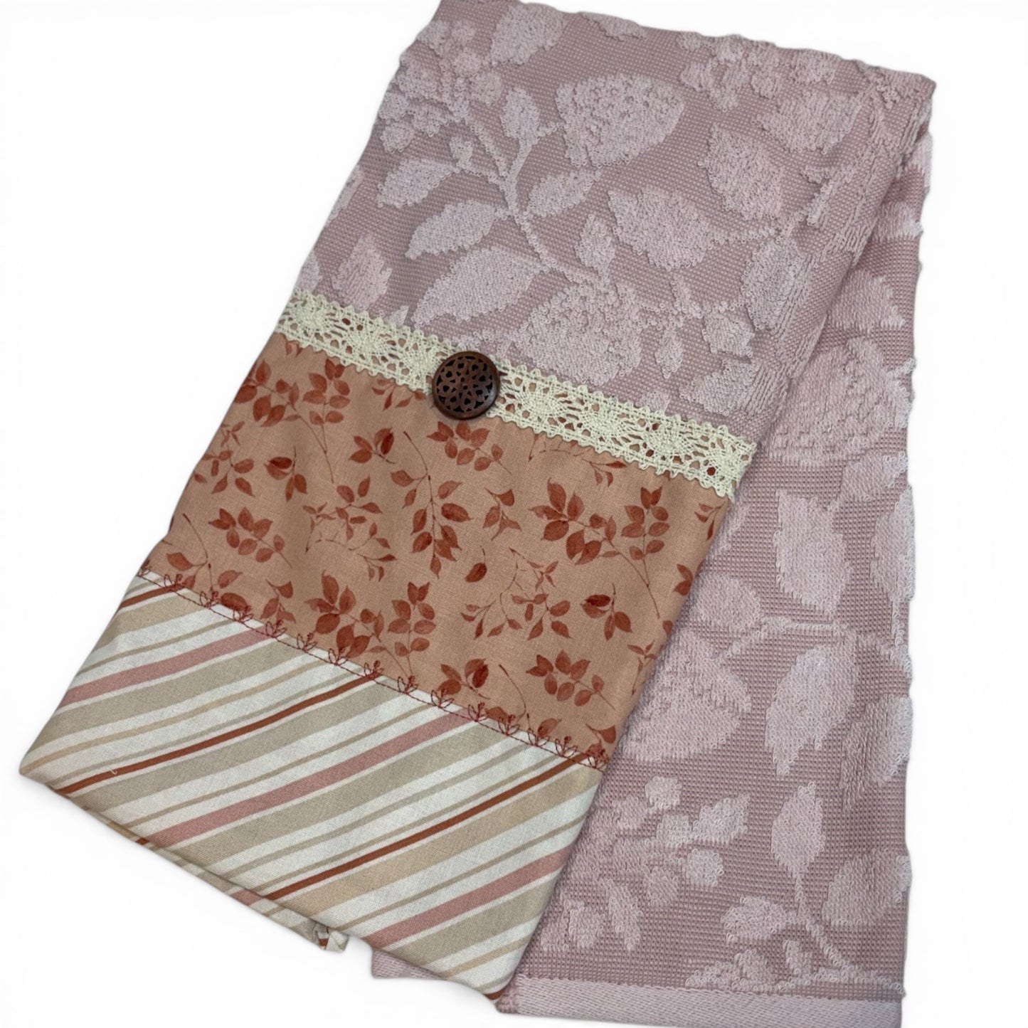 Coral and Cream Farmhouse Dish Towel with Lace Trim and Wood Button