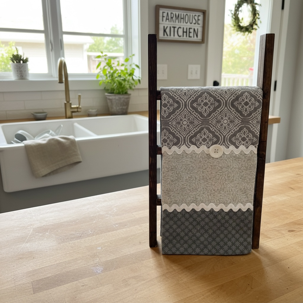 Classic Grey Farmhouse Dish Towel with Cotton Trim and Wood Button