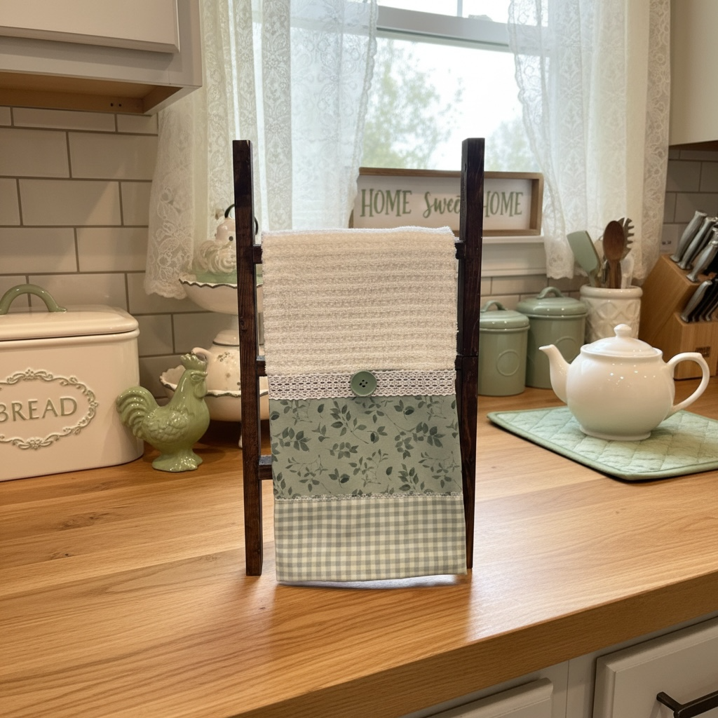 Off White Farmhouse Dish Towel with Sage Floral Accent and Green Button