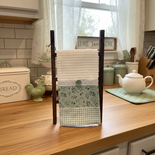Off White Farmhouse Dish Towel with Sage Floral Accent and Green Button