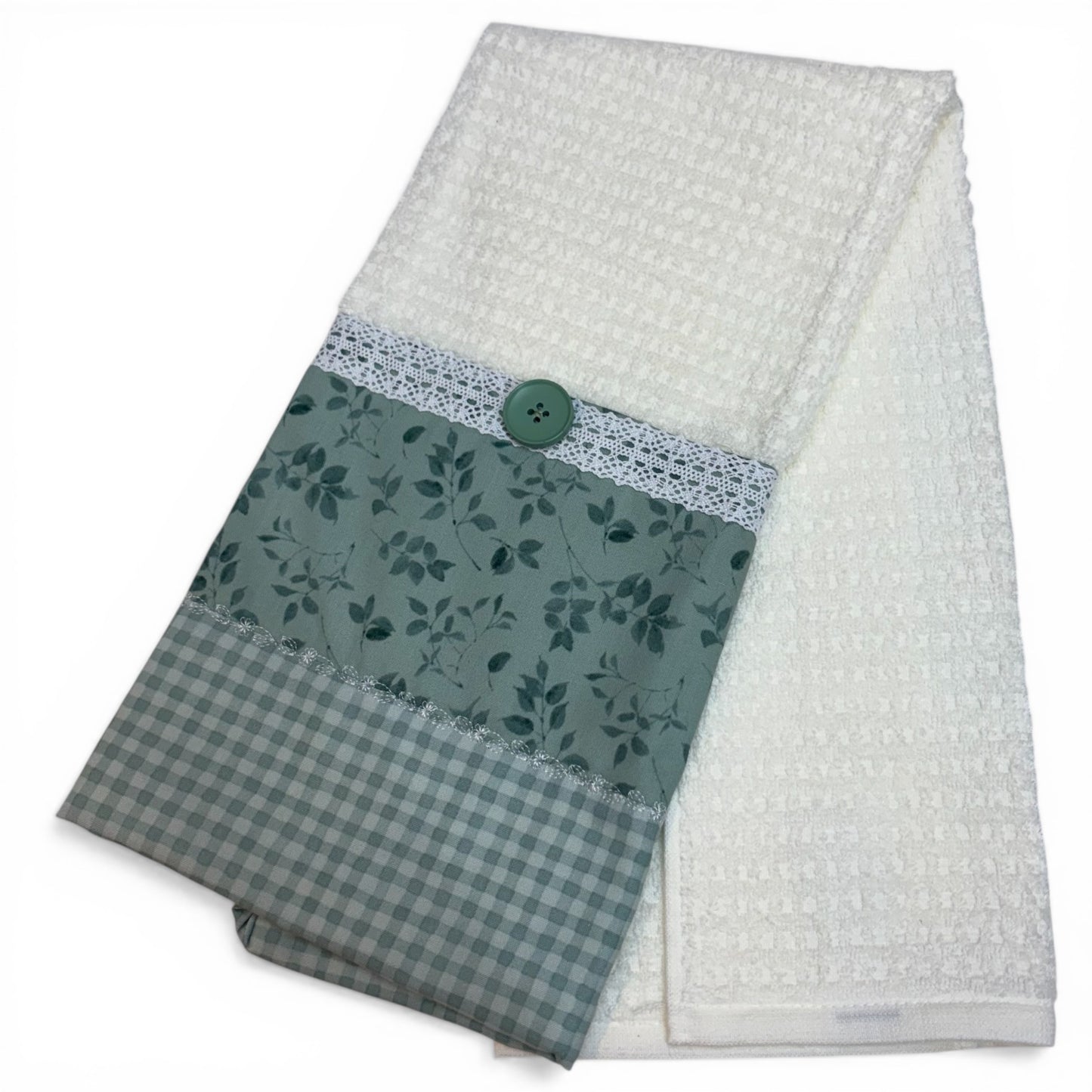 Off White Farmhouse Dish Towel with Sage Floral Accent and Green Button