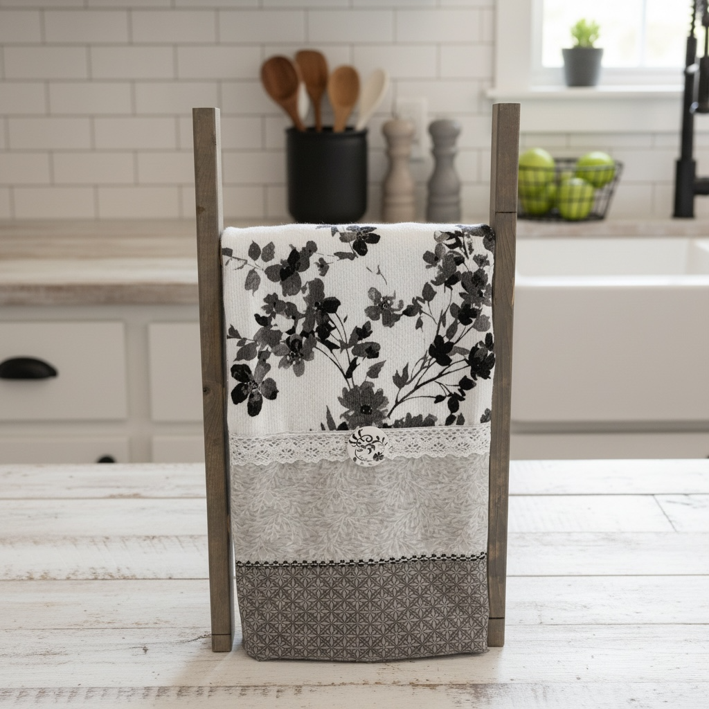 Black and Grey Floral Farmhouse Dish Towel with White Trim and Floral Button