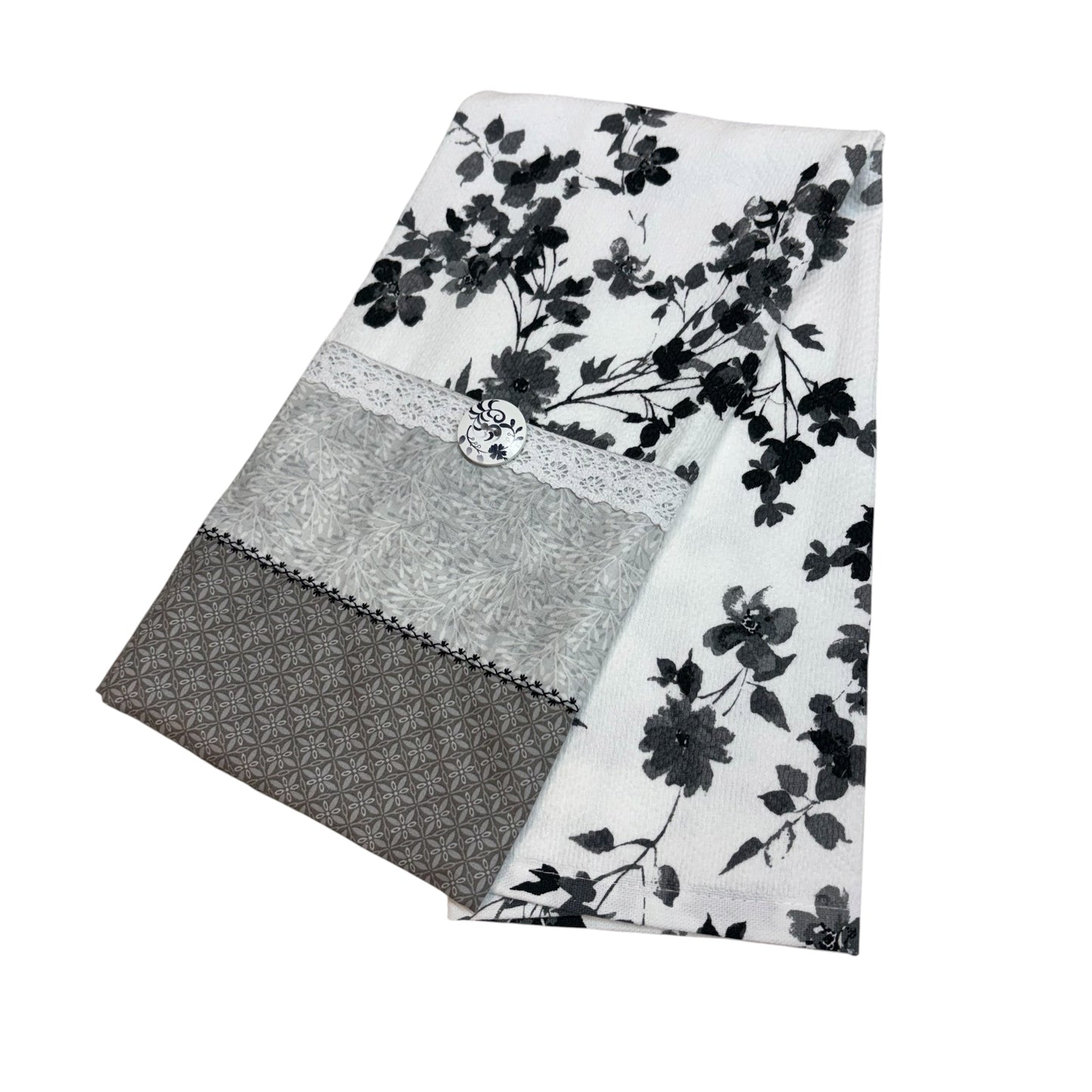 Black and Grey Floral Farmhouse Dish Towel with White Trim and Floral Button