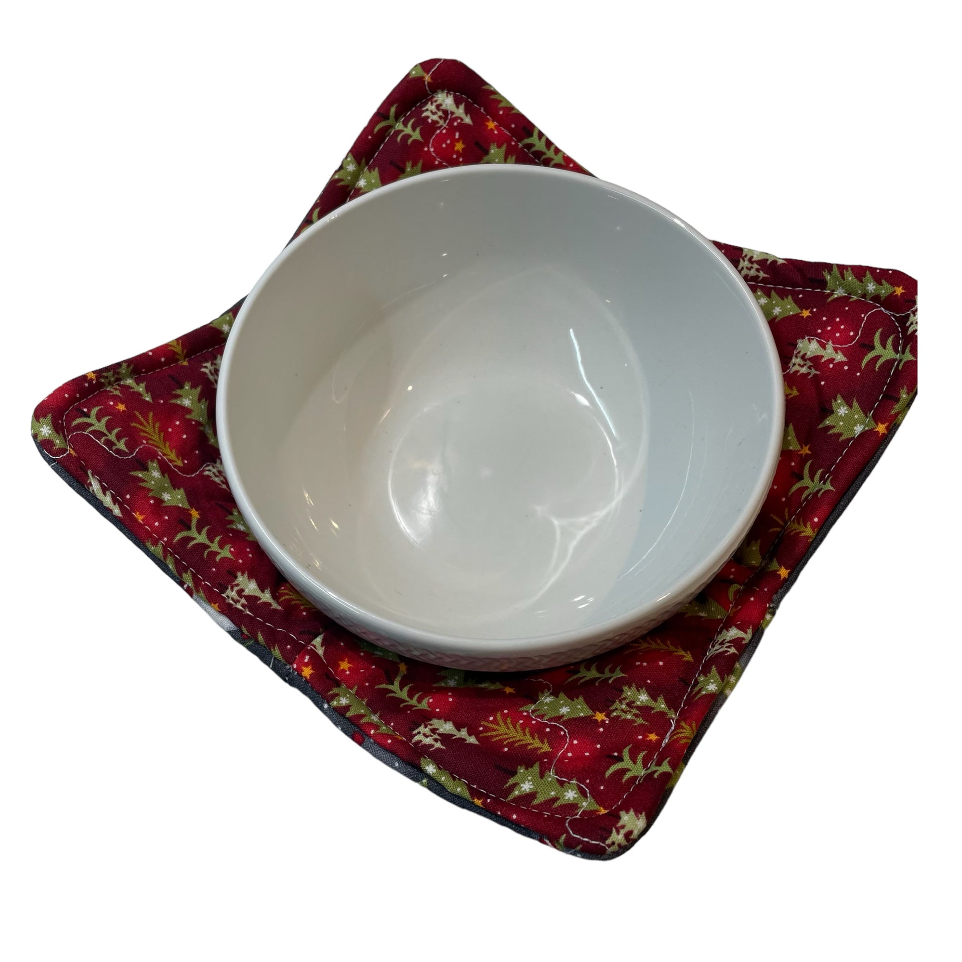 Gnome Microwave Soup Bowl Cozy Reversible with Christmas Tree Print on the other side. Handmade Soup Cozy. Cute Gnome Christmas Bowl Hot Pad.