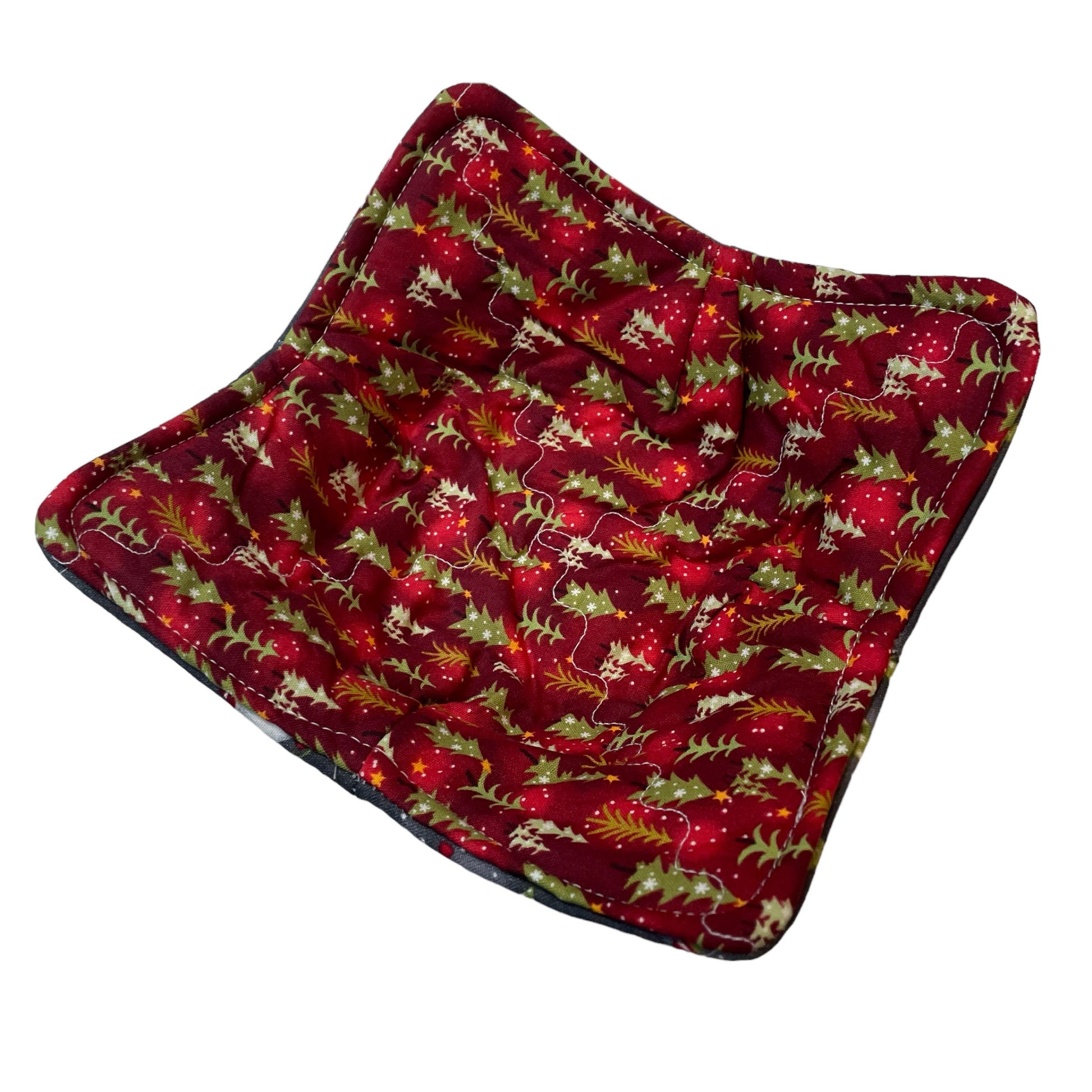 Gnome Microwave Soup Bowl Cozy Reversible with Christmas Tree Print on the other side. Handmade Soup Cozy. Cute Gnome Christmas Bowl Hot Pad.