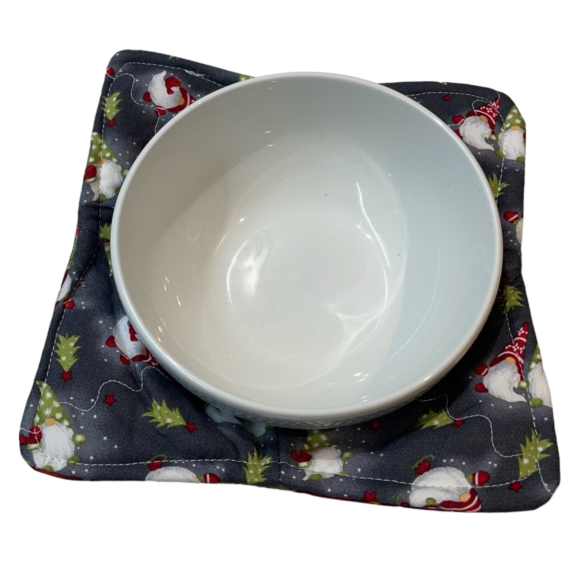 Gnome Microwave Soup Bowl Cozy Reversible with Christmas Tree Print on the other side. Handmade Soup Cozy. Cute Gnome Christmas Bowl Hot Pad.