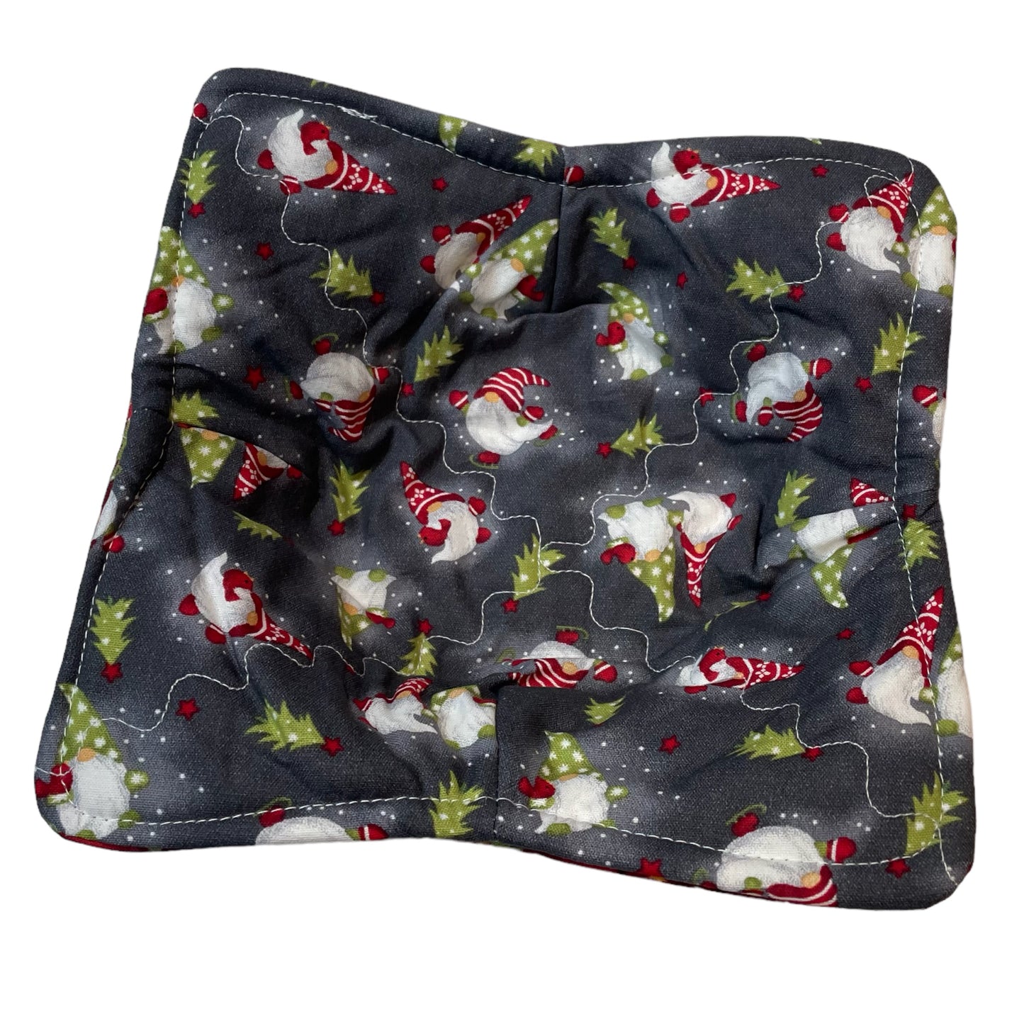 Gnome Microwave Soup Bowl Cozy Reversible with Christmas Tree Print on the other side. Handmade Soup Cozy. Cute Gnome Christmas Bowl Hot Pad.