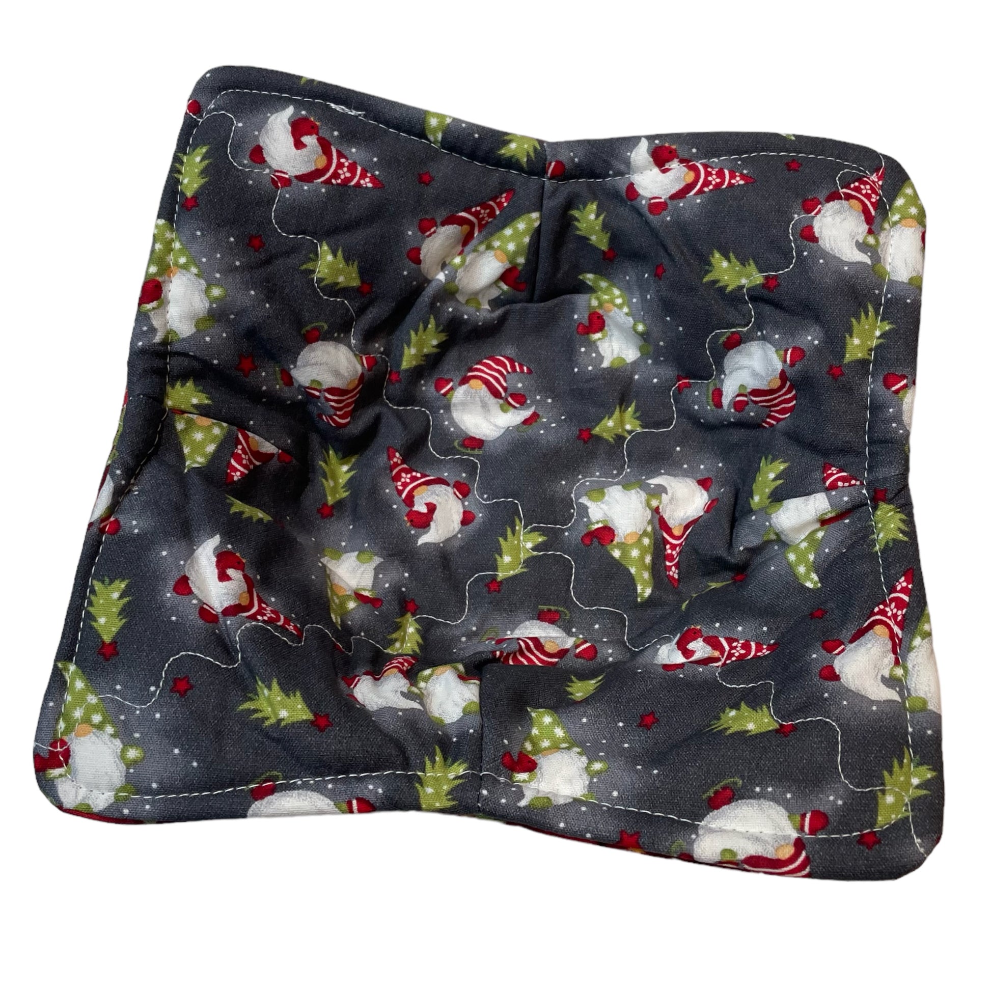 Gnome Microwave Soup Bowl Cozy Reversible with Christmas Tree Print on the other side. Handmade Soup Cozy. Cute Gnome Christmas Bowl Hot Pad.