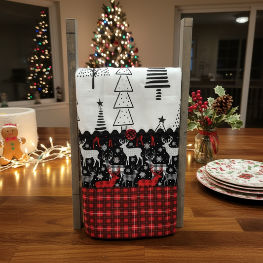Handmade Christmas Tea Towel – Reindeer & Plaid Farmhouse Kitchen Towel