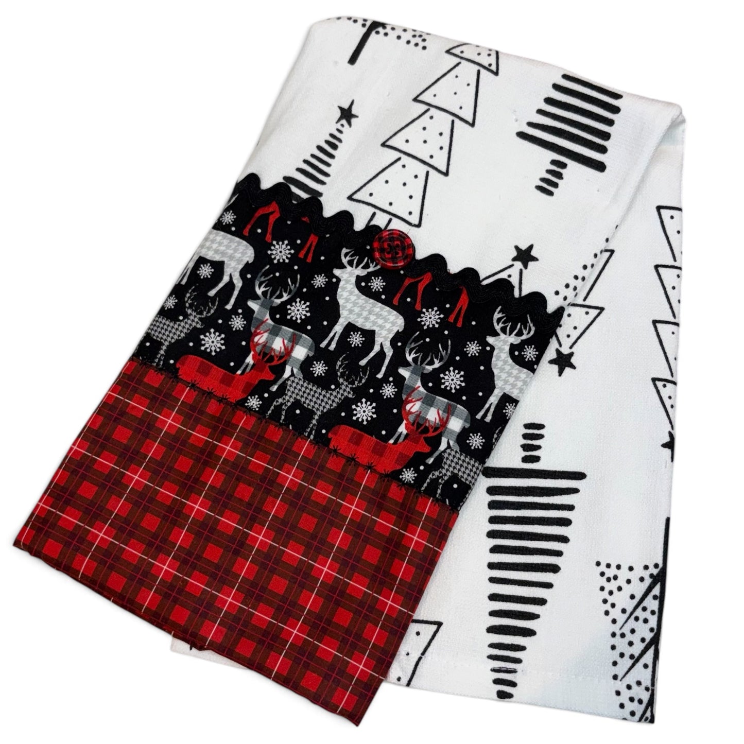 Handmade Christmas Tea Towel – Reindeer & Plaid Farmhouse Kitchen Towel