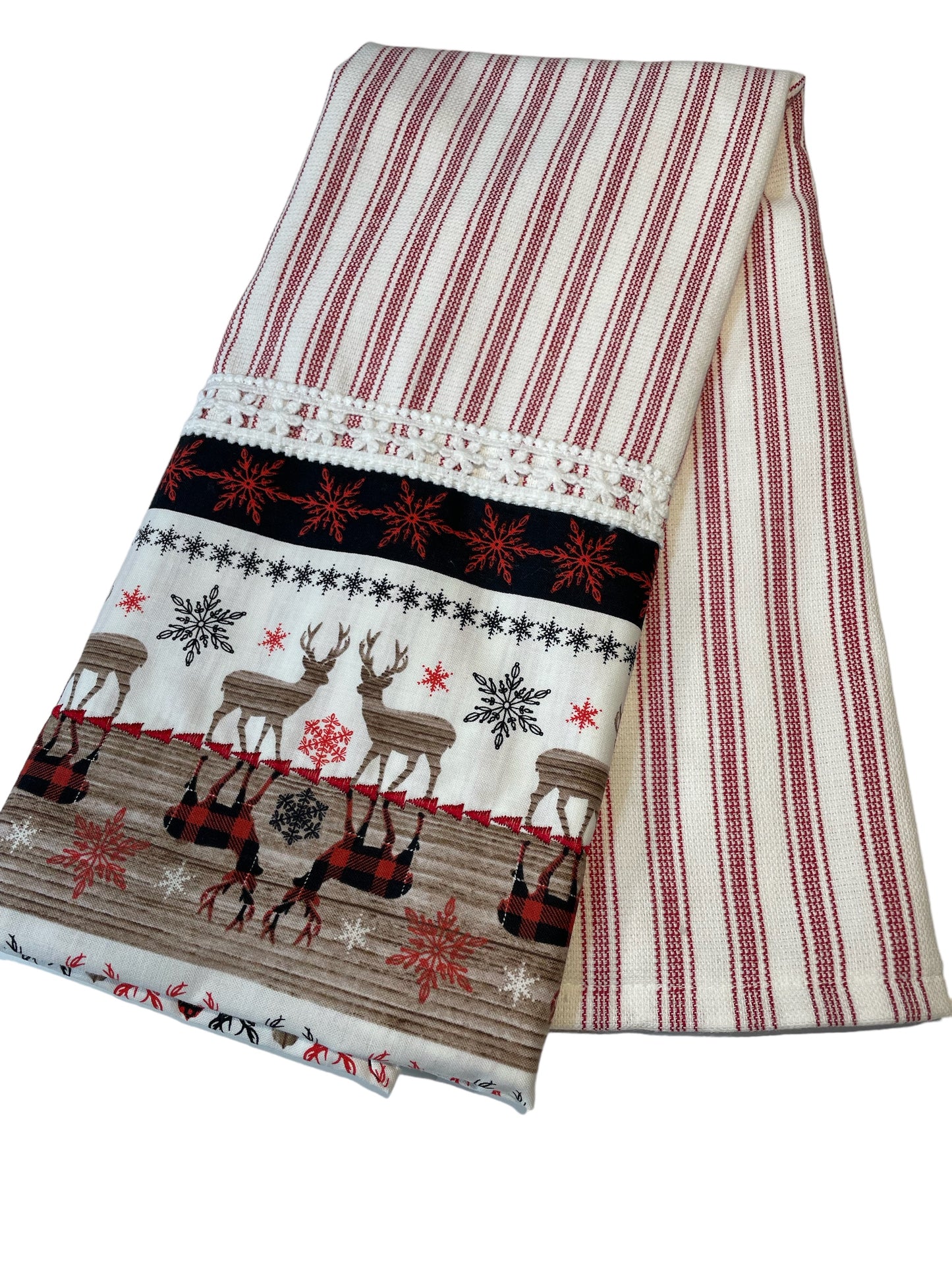 Festive Christmas Dish Towel - Handcrafted Reindeer & Snowflake Design with White Cotton Lace Trim