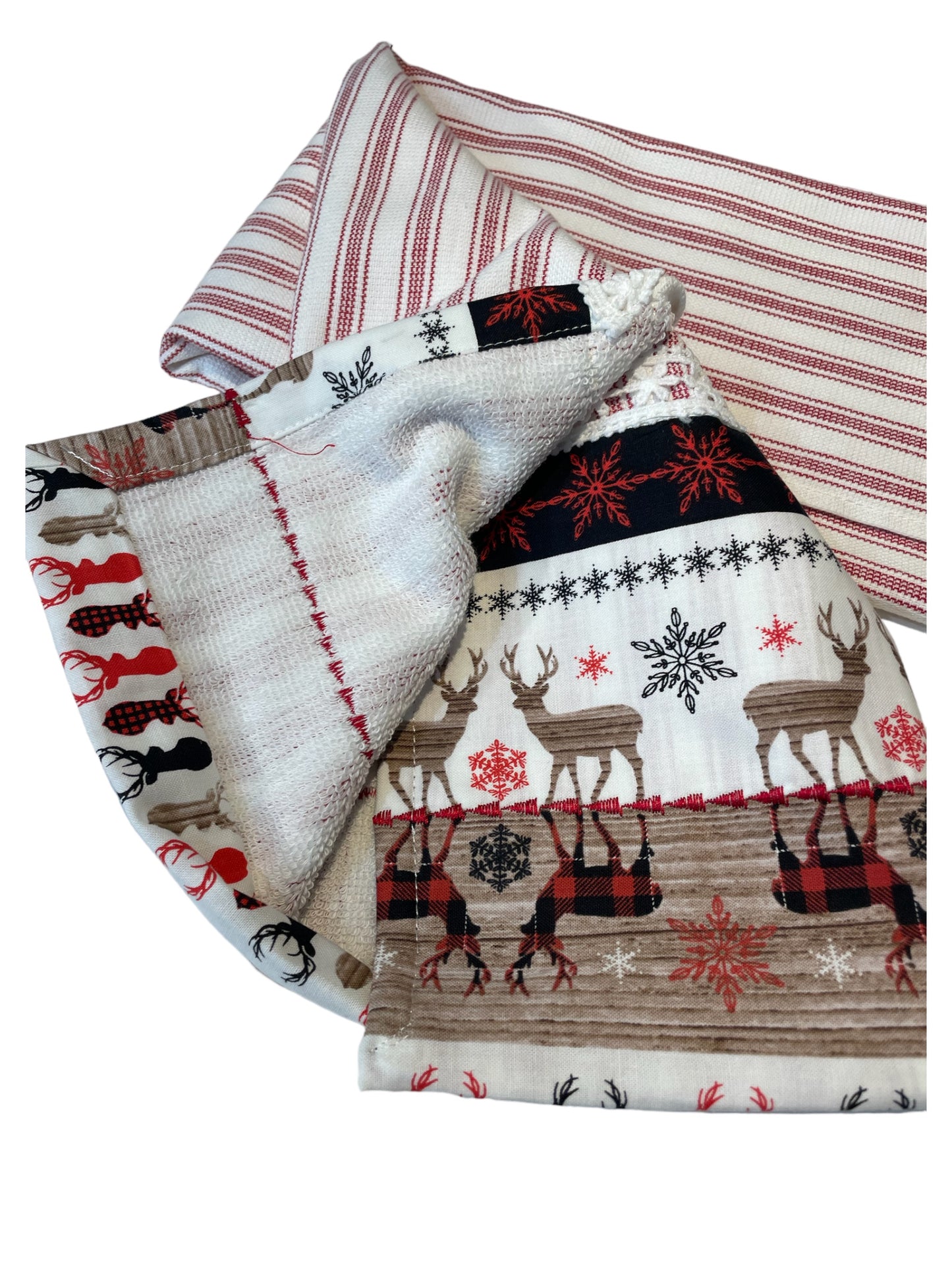 Festive Christmas Dish Towel - Handcrafted Reindeer & Snowflake Design with White Cotton Lace Trim