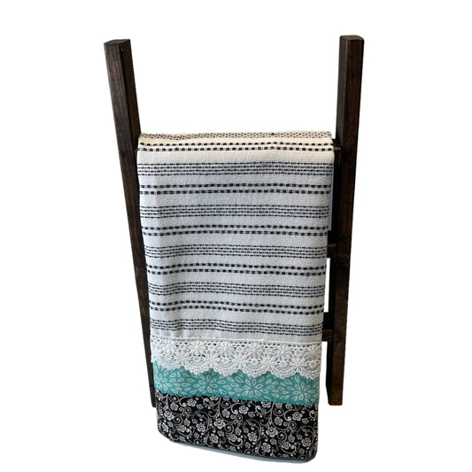 Handcrafted Teal & Black Kitchen Tea Towel with Lace Trim - Exclusive Design