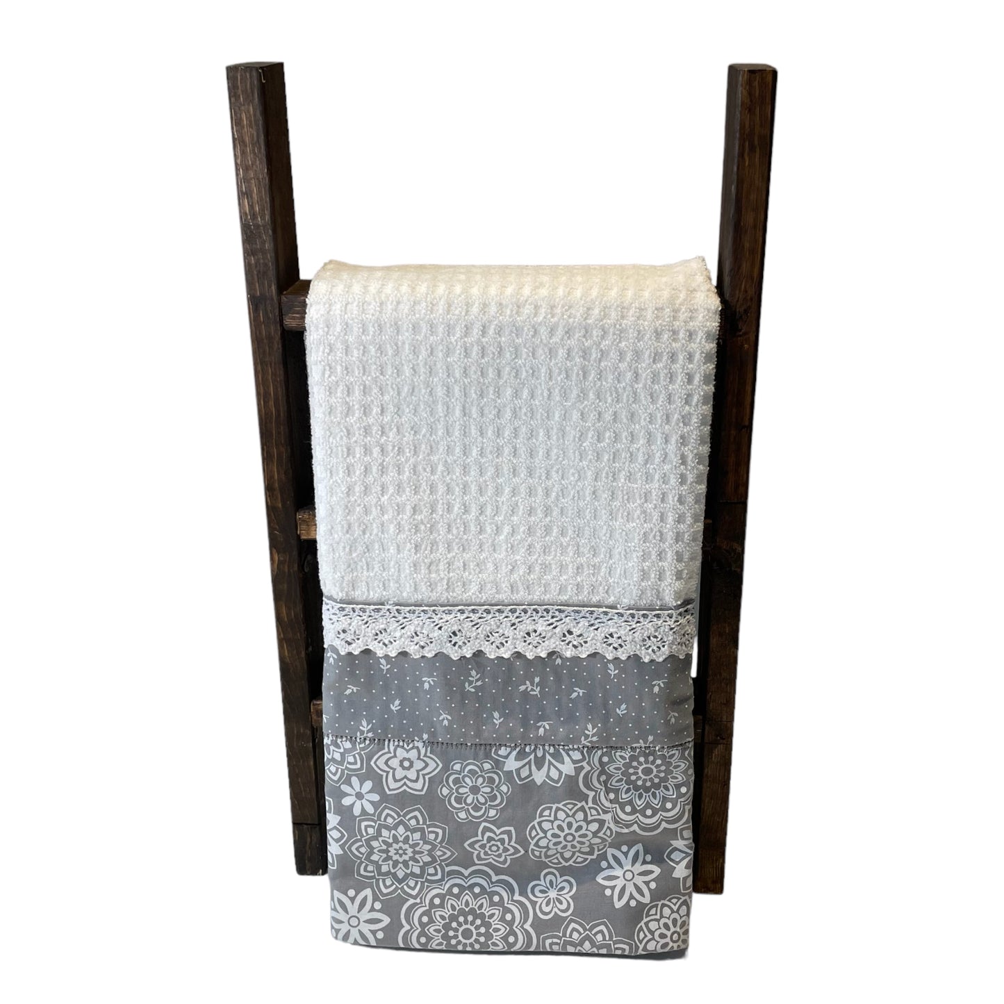 Elegant Modern Farmhouse Floral Grey & White Kitchen Dish Towel with Handcrafted Details