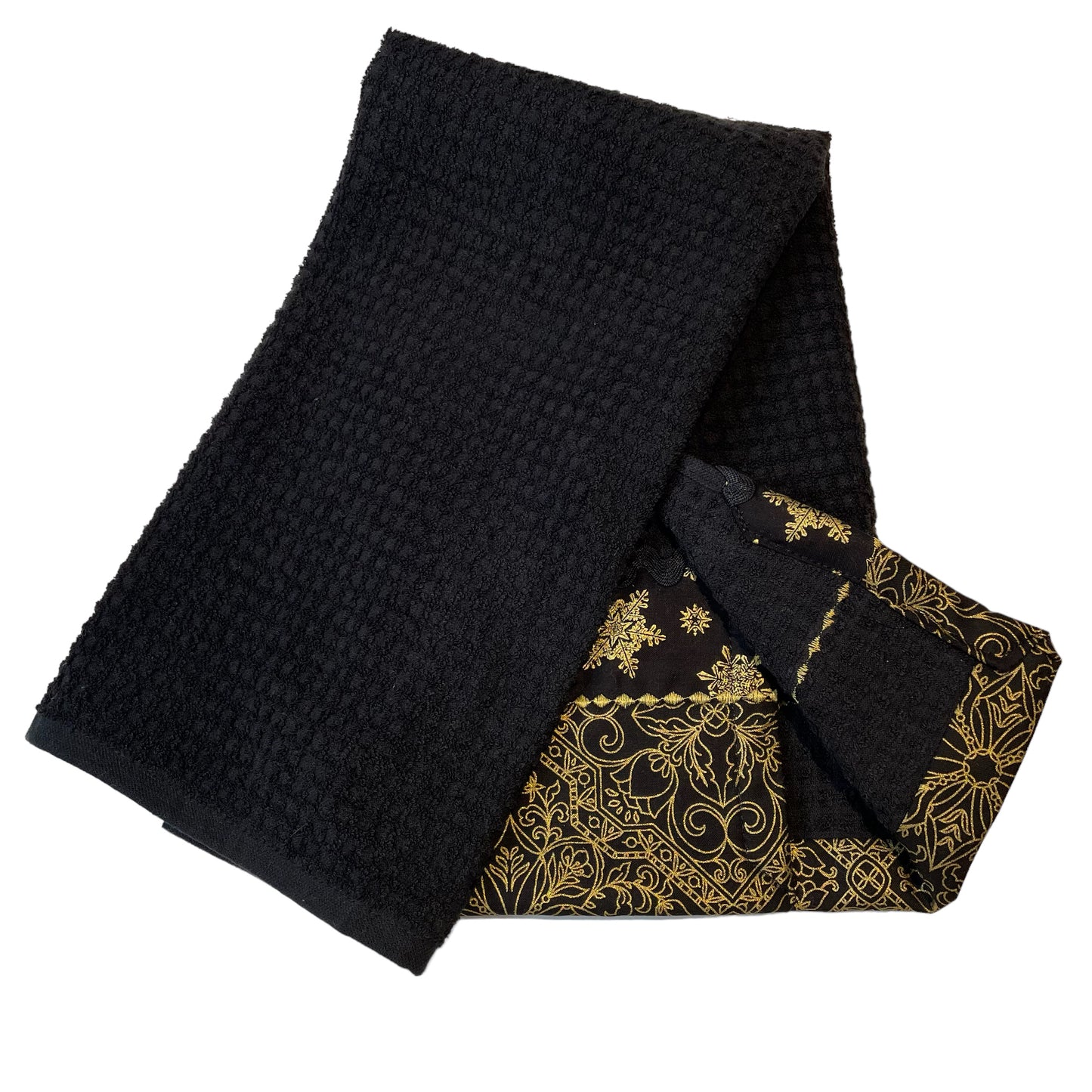 Black & Gold Christmas Dish Towel with Ricrac Trim and Gold Embroidery Stitching