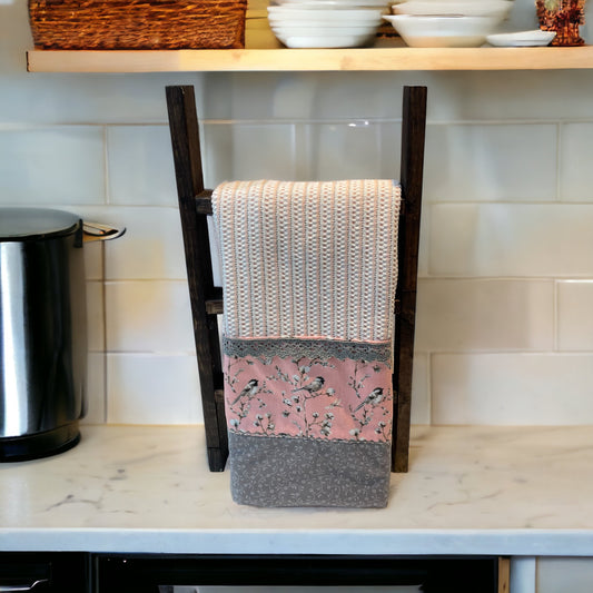 Pink & Grey Striped Quilted Kitchen Dish Towel with Embroidery Stitching & Lace - One of a Kind Farmhouse Decor