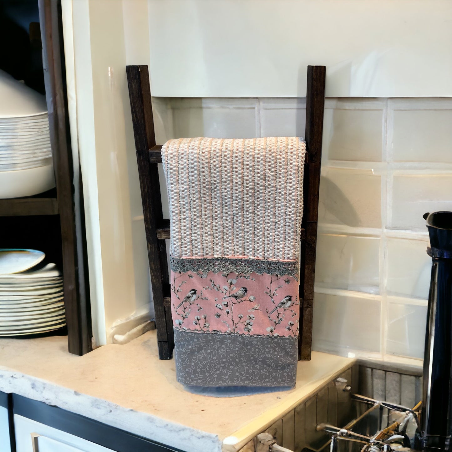 Pink & Grey Striped Quilted Kitchen Dish Towel with Embroidery Stitching & Lace - One of a Kind Farmhouse Decor