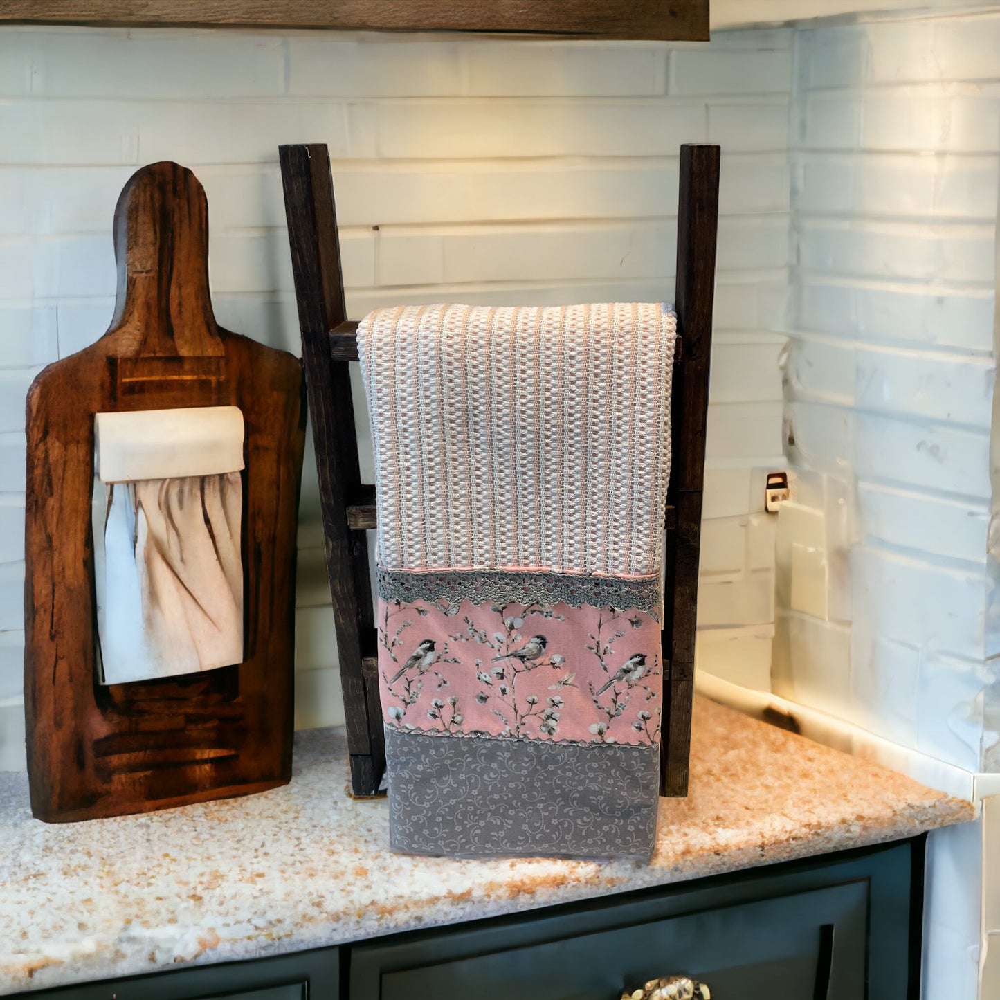 Pink & Grey Striped Quilted Kitchen Dish Towel with Embroidery Stitching & Lace - One of a Kind Farmhouse Decor