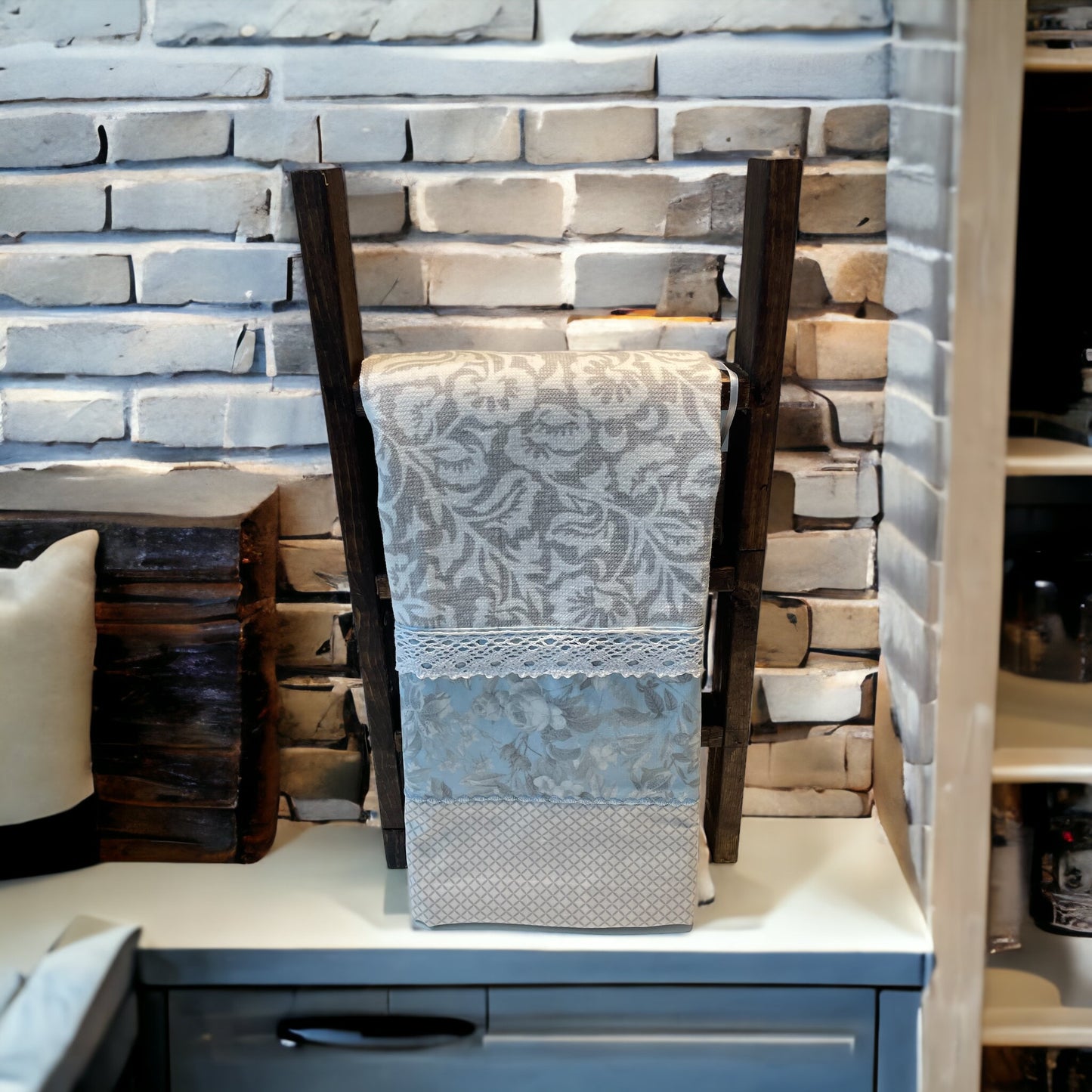 Blue & Grey Floral Kitchen Towel with Handcrafted Quilt Cotton & Lace Trim Details