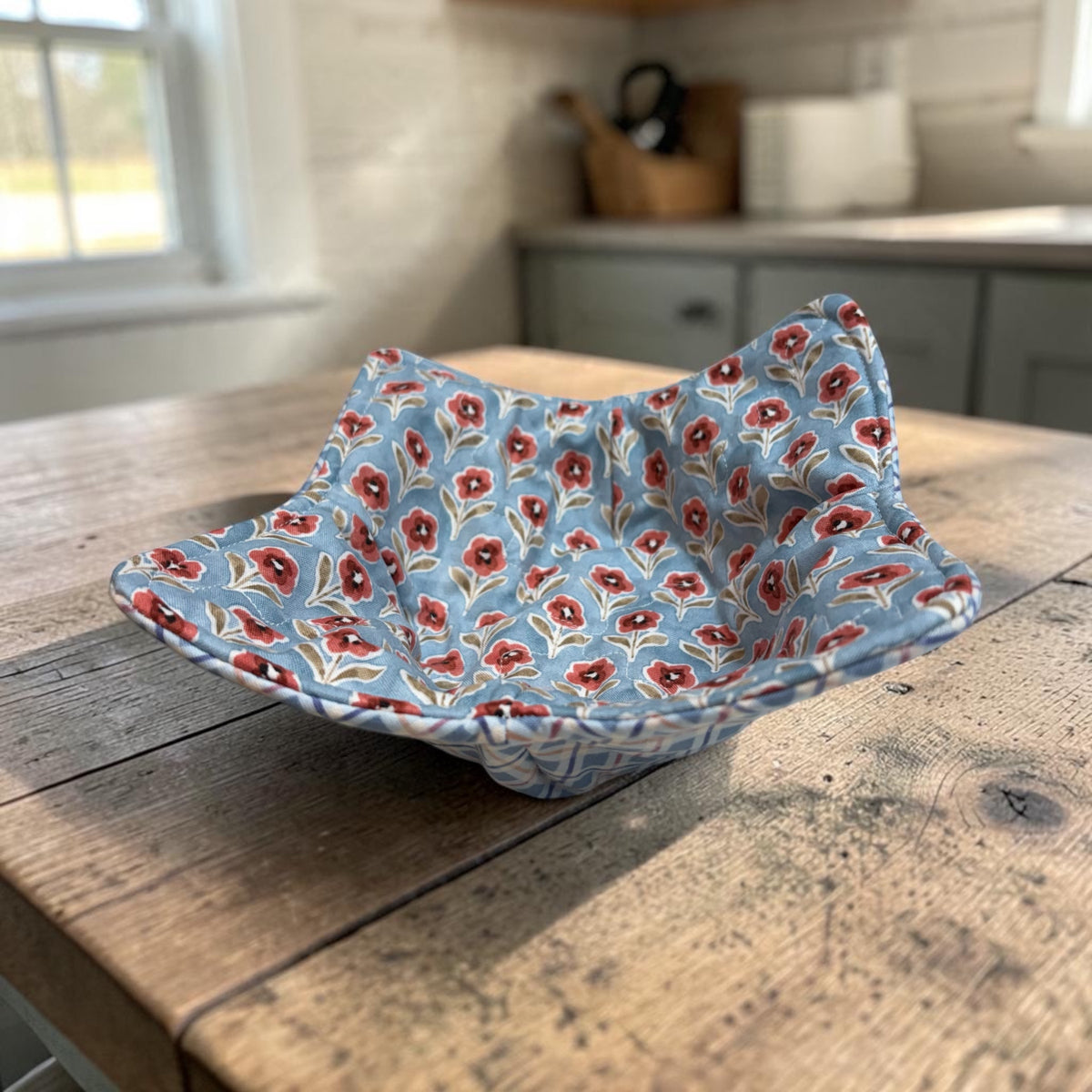 Handmade Microwave Soup Bowl Cozy – 100% Cotton Hot Bowl Holder - Poppies and Gingham