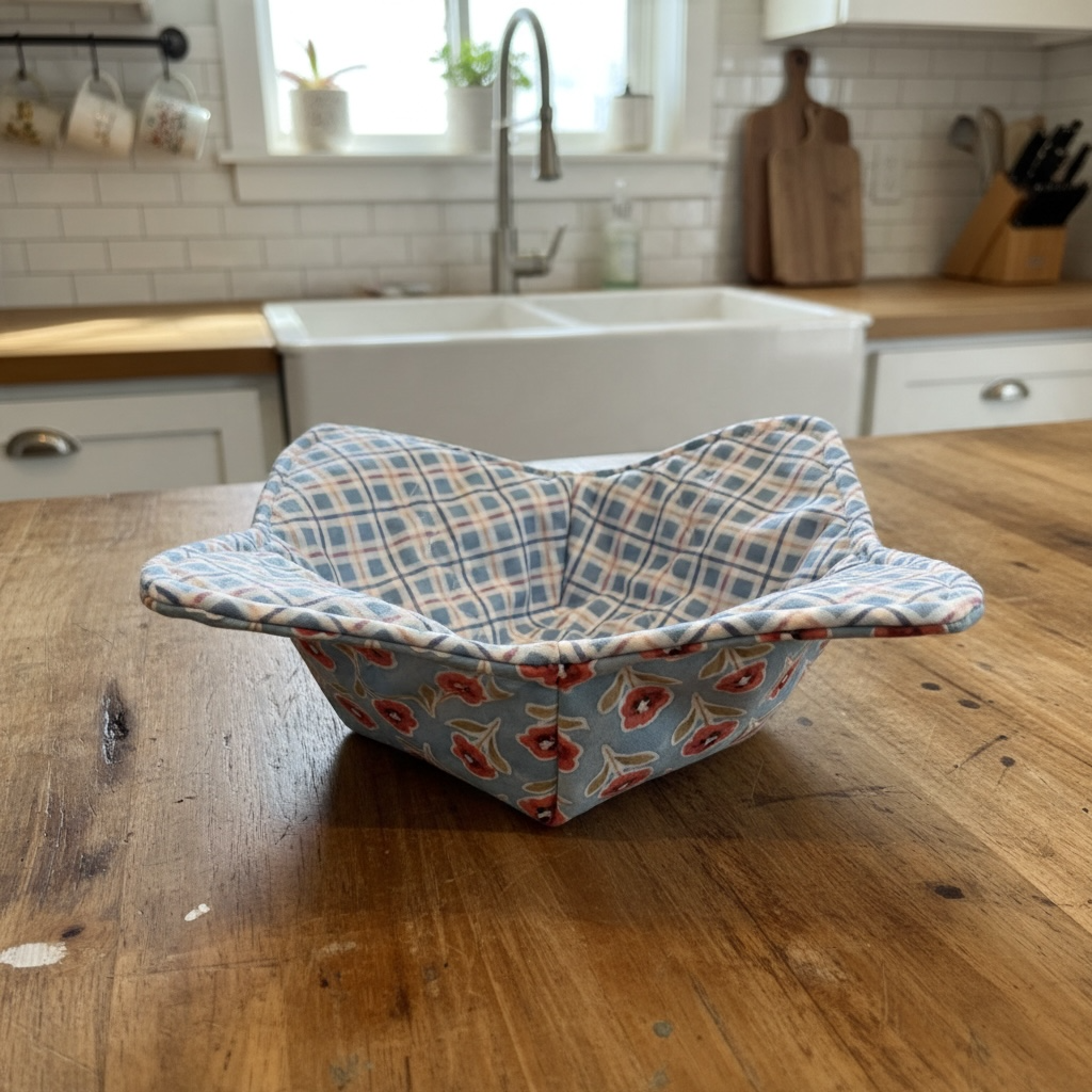 Handmade Microwave Soup Bowl Cozy – 100% Cotton Hot Bowl Holder - Poppies and Gingham