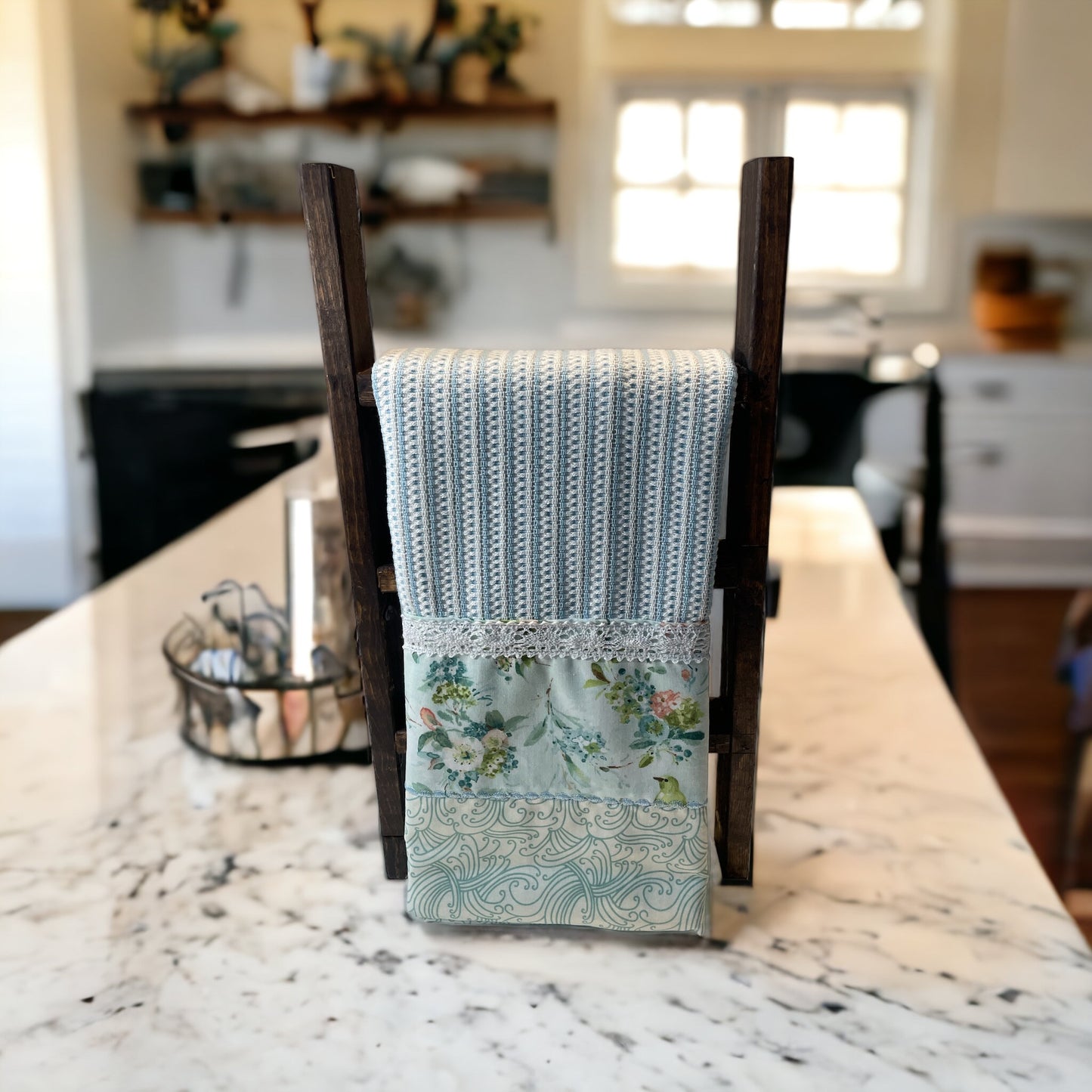 Blue and White Cotton Tea Towel with Handcrafted Accents