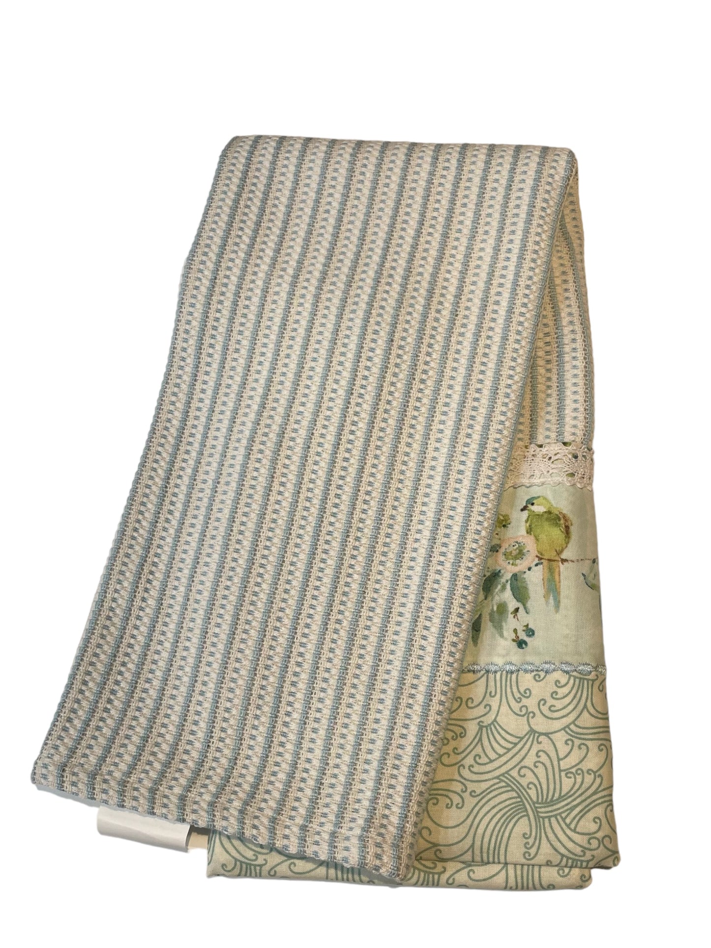 Blue and White Cotton Tea Towel with Handcrafted Accents