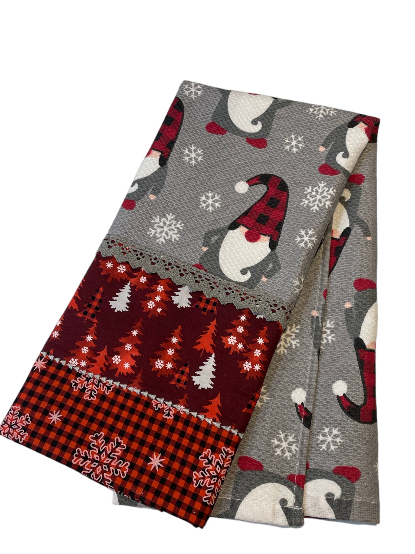 Charming Grey and Red gnome Christmas Dish Towel with Handcrafted Details