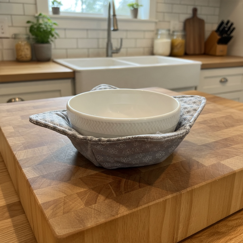 Handmade Grey & White Soup Bowl Cozy – Microwave Bowl Holder