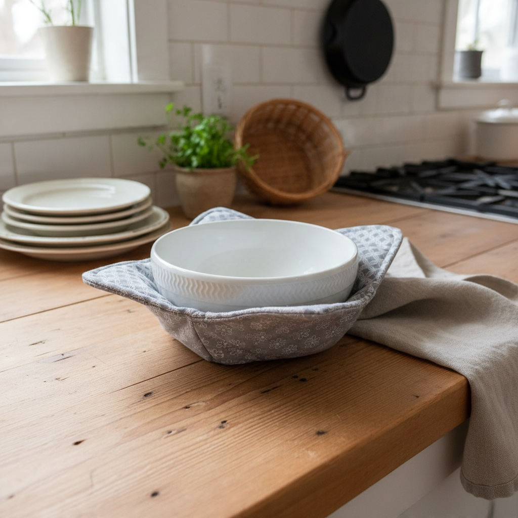 Handmade Grey & White Soup Bowl Cozy – Microwave Bowl Holder