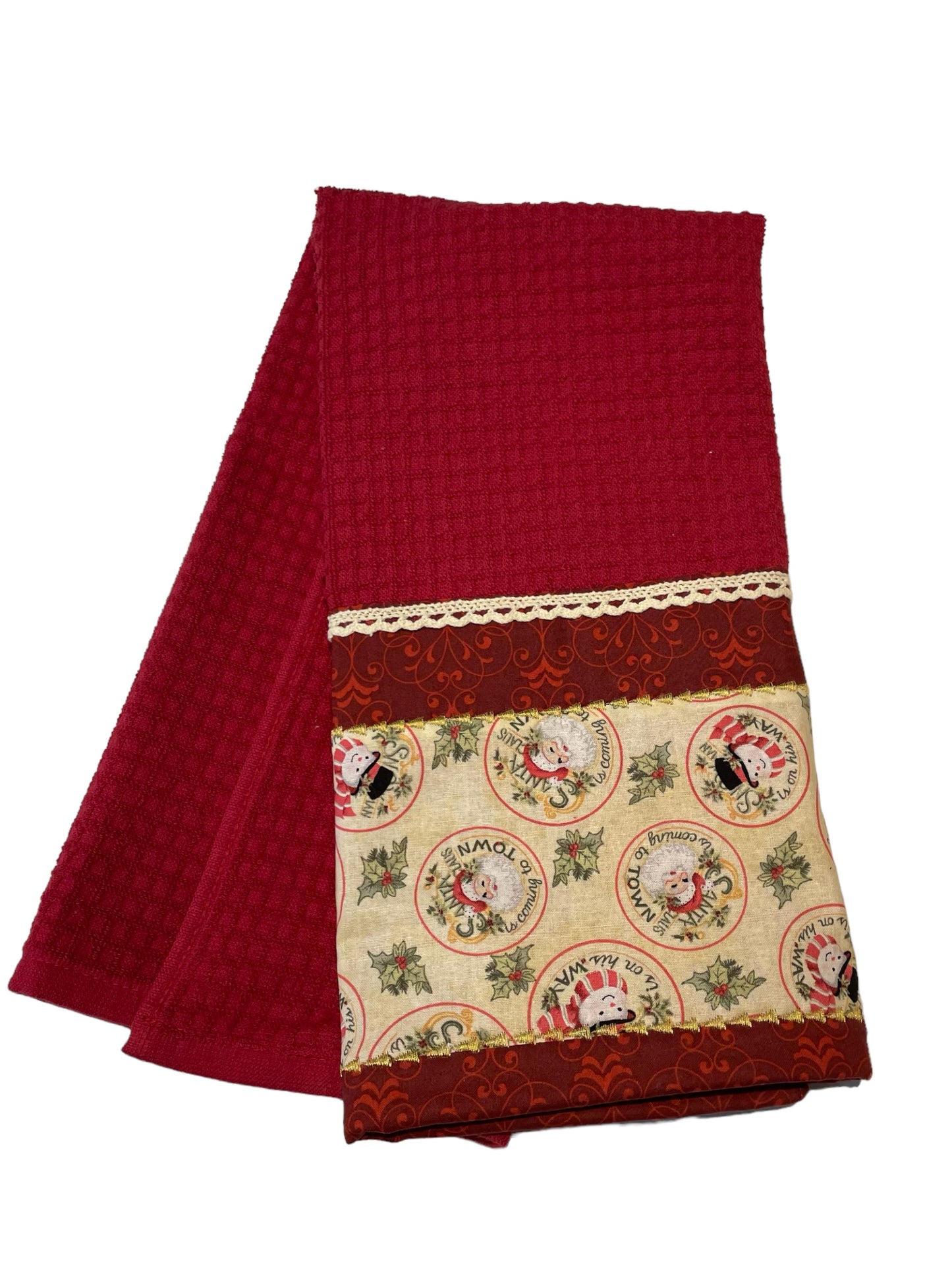 Vintage Santa-Themed Red Christmas Dish Towel with Handcrafted Details