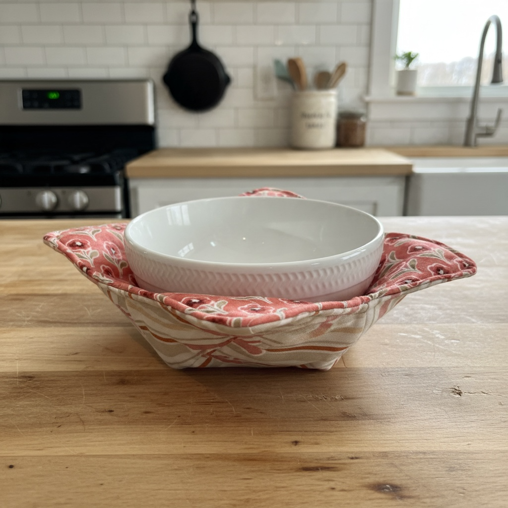 Coral & Cream Floral Handmade Soup Bowl Cozy – Microwave Bowl Holder