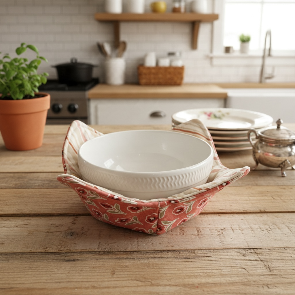 Coral & Cream Floral Handmade Soup Bowl Cozy – Microwave Bowl Holder