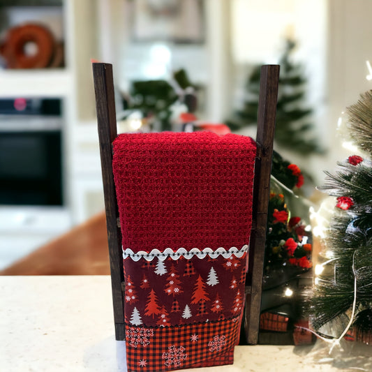 Christmas Kitchen Dish Towel With Red and White Gingham Cotton Accents