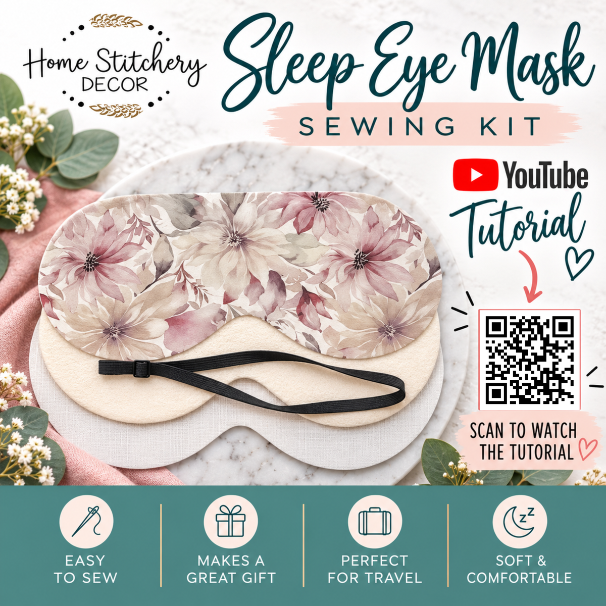 DIY Sleep Eye Mask Sewing Kit | Cotton Sleep Mask Craft Kit | Purple Dahlia