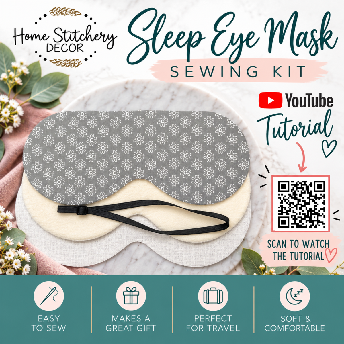DIY Sleep Eye Mask Sewing Kit | Cotton Sleep Mask Craft Kit | Grey Daisy's