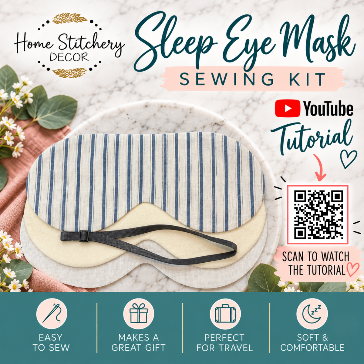 DIY Sleep Eye Mask Sewing Kit | Cotton Sleep Mask Craft Kit | Blue Stripe