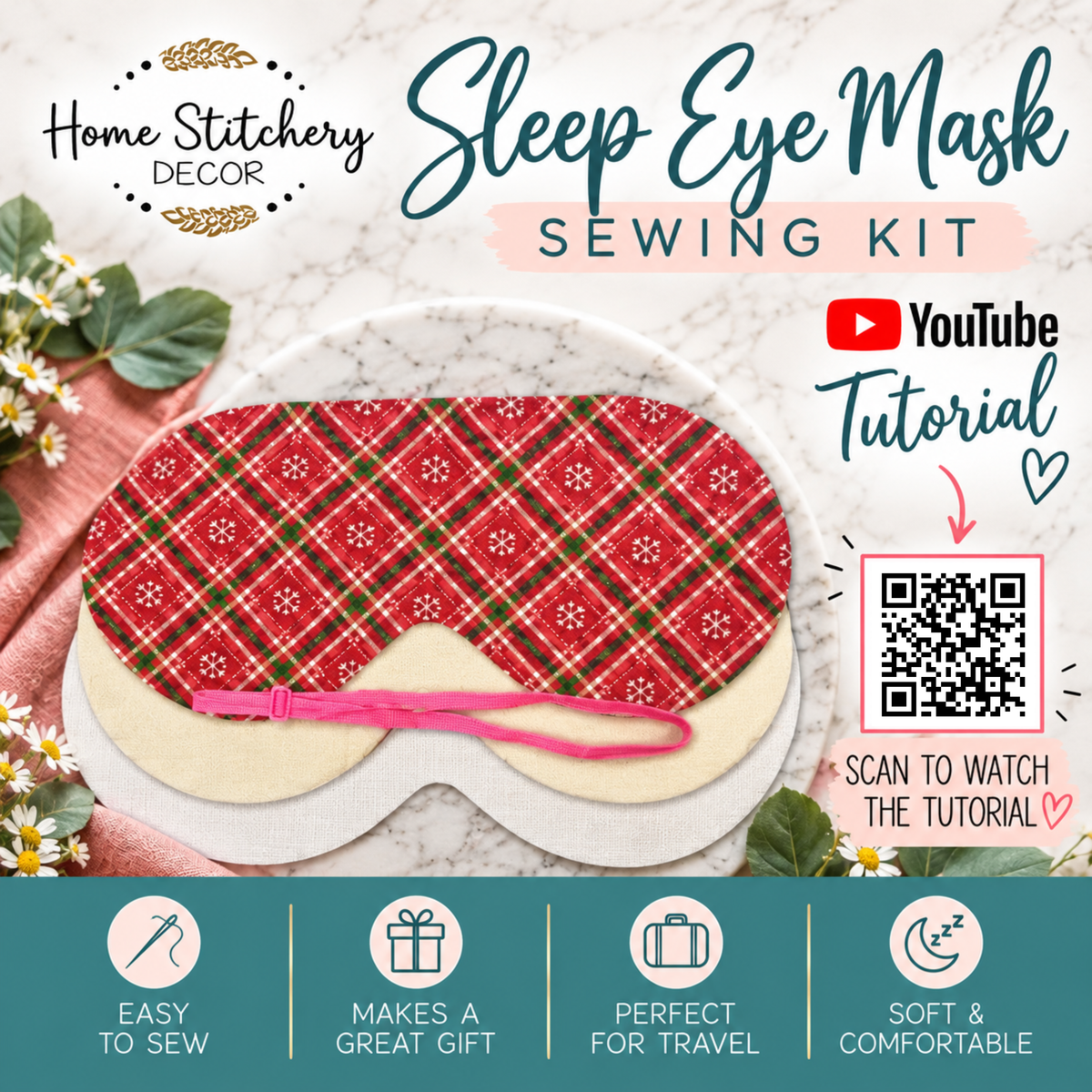 DIY Sleep Eye Mask Sewing Kit | Cotton Sleep Mask Craft Kit | Christmas Check