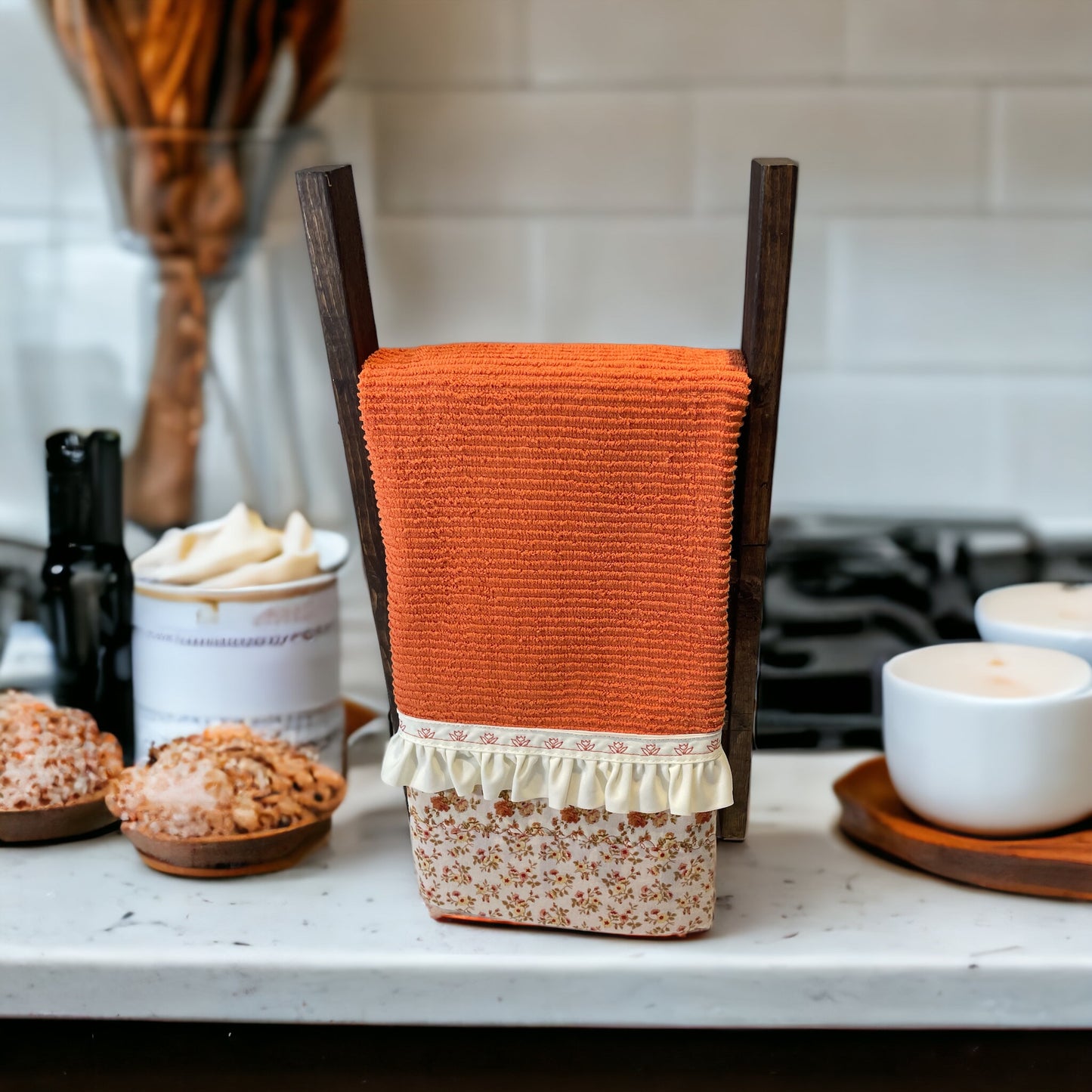 Orange and Cream Floral Kitchen Dish Towel with Handcrafted Accents