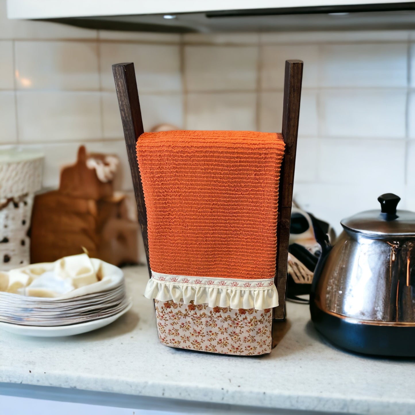 Orange and Cream Floral Kitchen Dish Towel with Handcrafted Accents