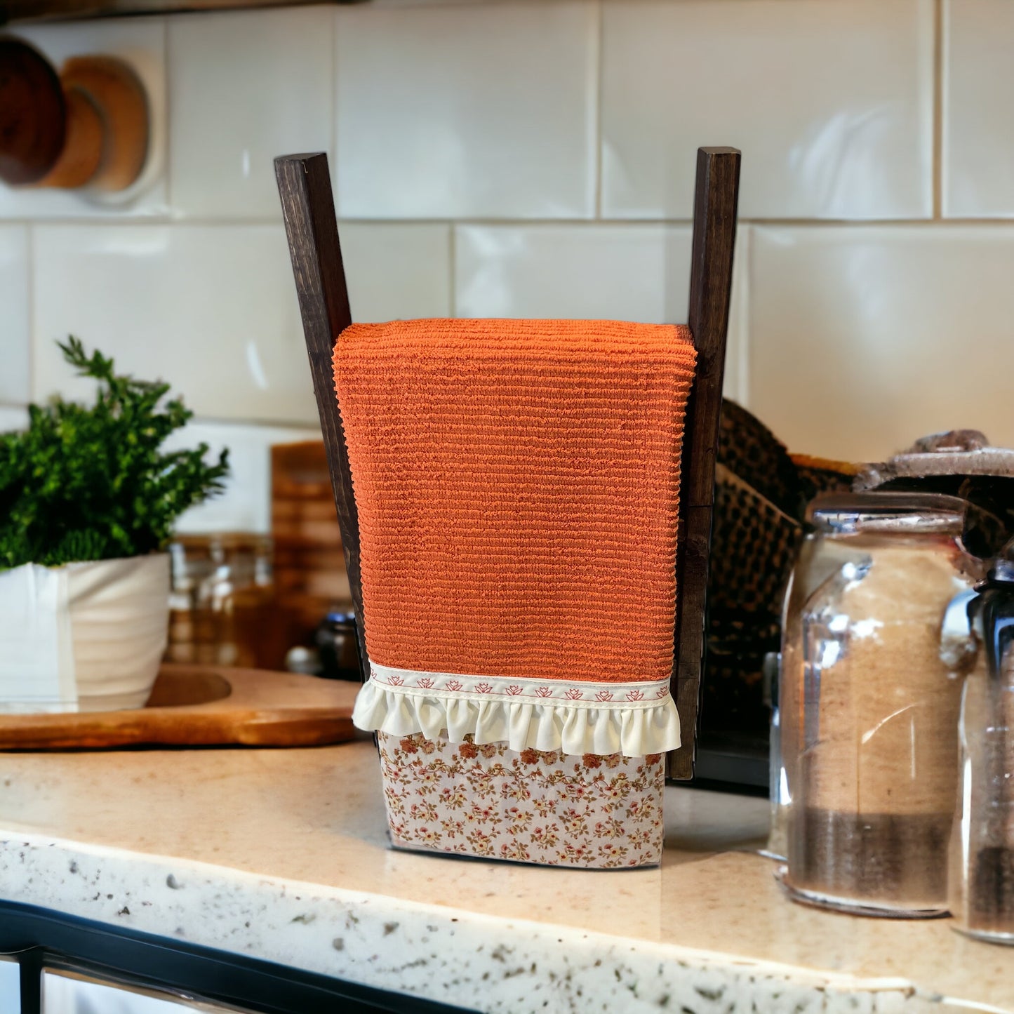 Orange and Cream Floral Kitchen Dish Towel with Handcrafted Accents