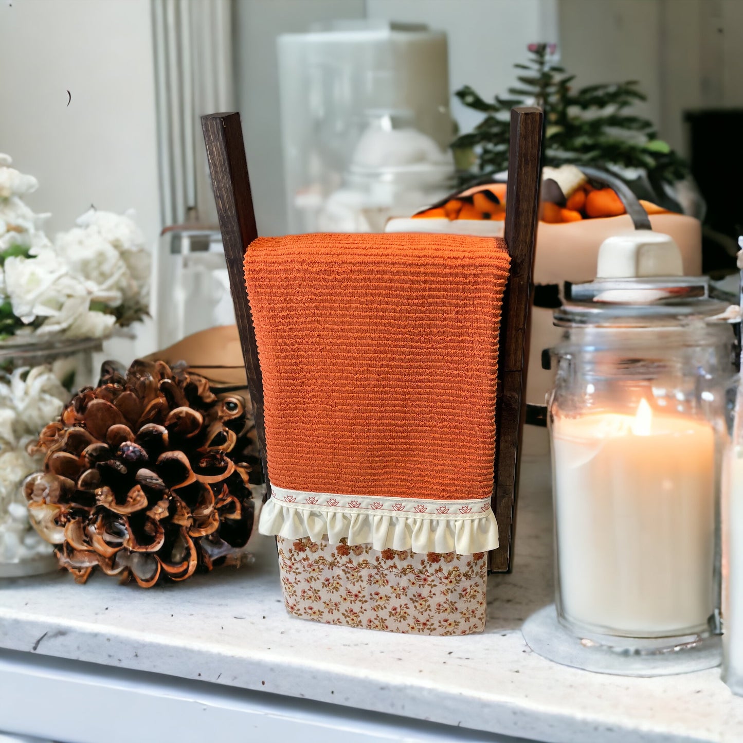 Orange and Cream Floral Kitchen Dish Towel with Handcrafted Accents