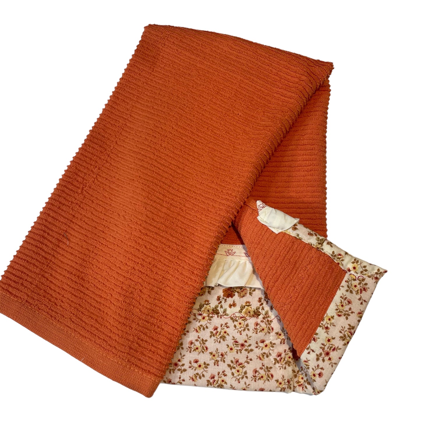 Orange and Cream Floral Kitchen Dish Towel with Handcrafted Accents