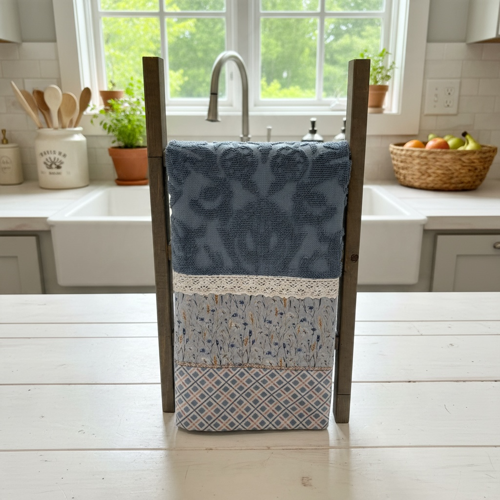 Handmade Blue Flowers and Gingham Tea Towel