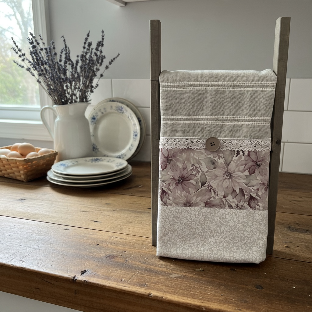 Handmade Floral Tea Towel with Lace Trim & Button – Farmhouse Kitchen Décor, Mauve & Neutral Cotton Dish Towel