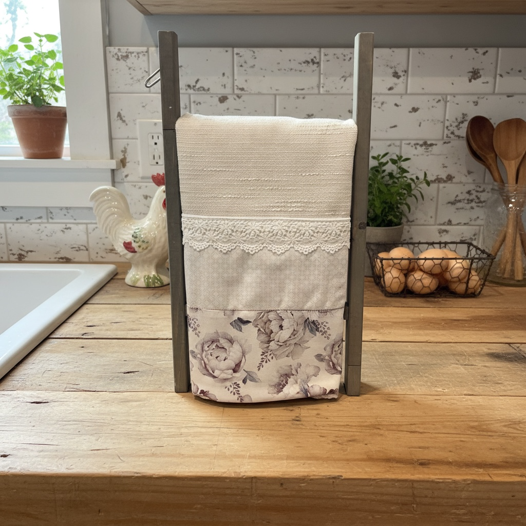 Handmade Floral Tea Towel with Lace Trim & Button – Farmhouse Kitchen Décor, Mauve & Neutral Cotton Dish Towel (Copy) (Copy)