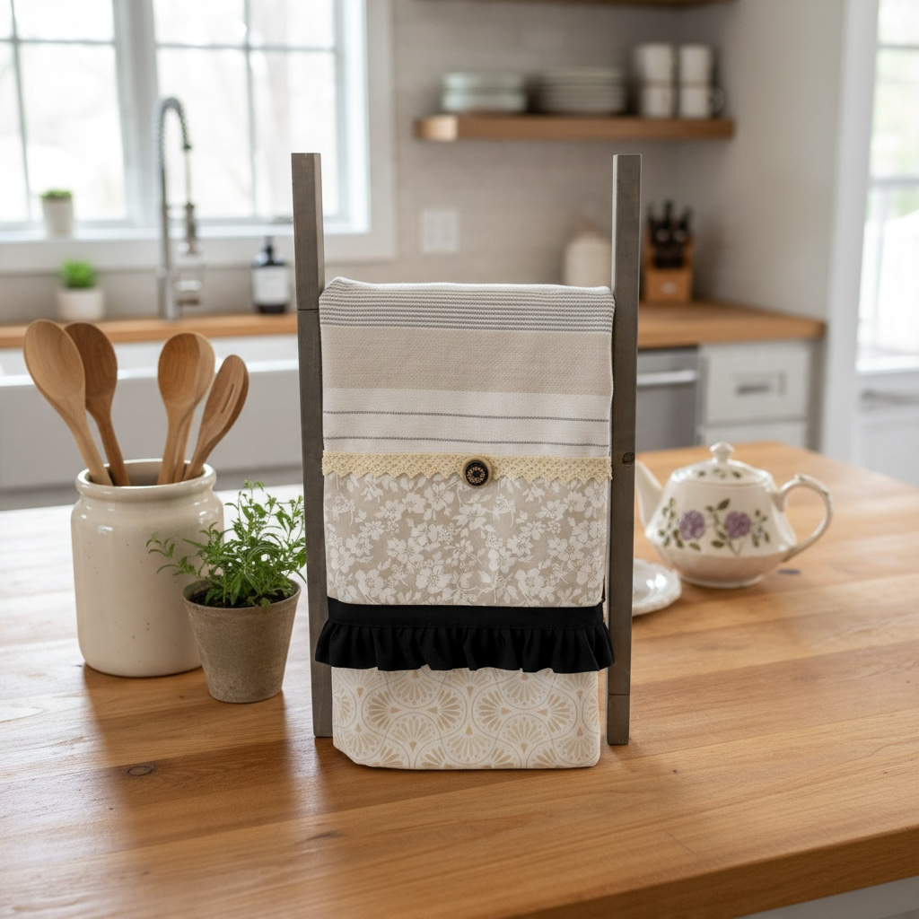 Tea Towel - Cream Flowers and Black Ruffles